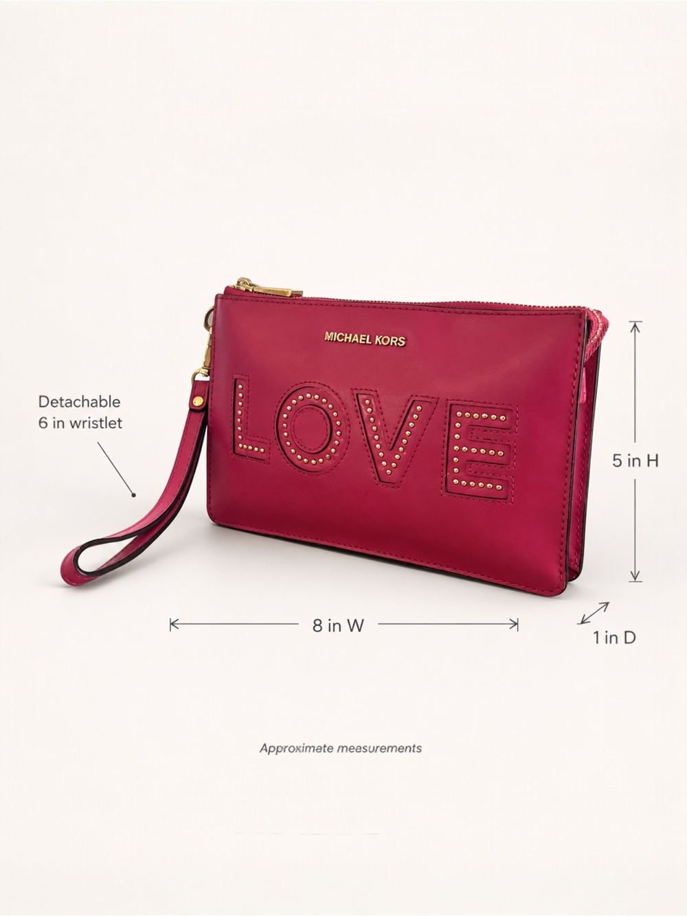 Michael Kors LOVE Studded Pink Leather Zip Wristlet Wallet Clutch Card Case - Picture 9 of 13